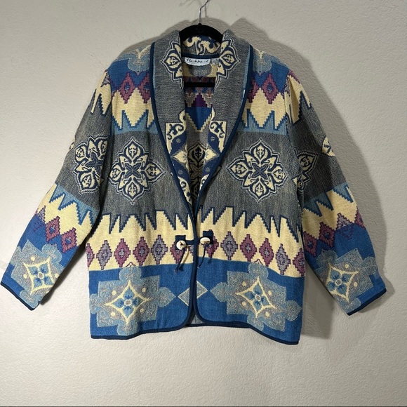 Vintage Oakridge Sz M Tapestry Coat Jacket Boho Festival Wood Button Pockets EUC - Picture 1 of 10